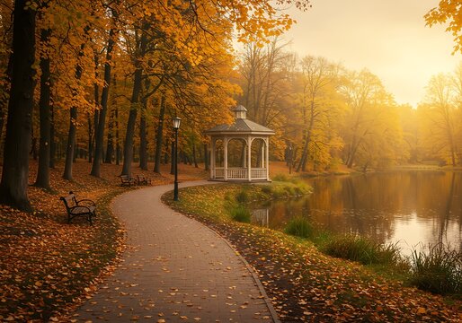 Golden Autumn Reverie: Park Path to Tranquility - Powered by Adobe