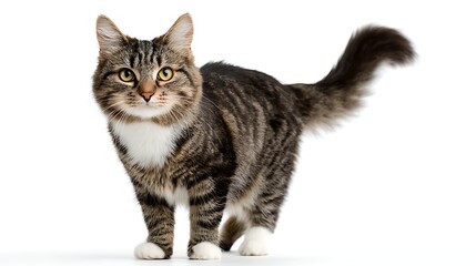 Obraz premium Playful tabby cat with striking green eyes and a fluffy tail, standing on a white background.