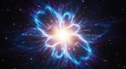 Abstract depiction of a glowing atomic nucleus with swirling energy pathways in a cosmic nebula.