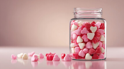 A clear glass jar filled with colorful heart candies, symbolizing sweetness and joy on Valentine’s Day.