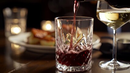 Elegant Red Wine Pouring into Crystal Glass with White Wine and Food in Dim Light Ambiance, Ideal for Restaurant Promotions and Fine Dining Celebrations on Wooden Table with Cozy Candlelight
