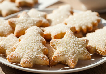 Delicious christmas sugar cookies in star and tree shapes on a white plate