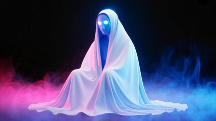 Mysterious figure emerges from colorful smoke with glowing eyes, evoking intrigue and the unknown.