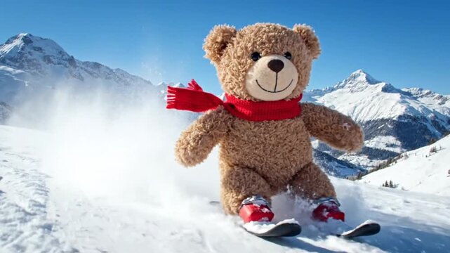 teddy bear skiing down snowy mountain slope