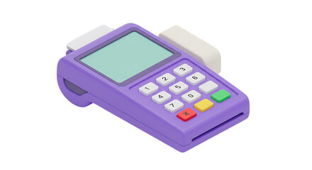 Purple payment terminal with numeric keypad and screen isolated on a transparent background point of sale