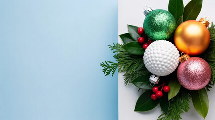 Festive Christmas ornaments with vibrant colors and fresh greenery for holiday celebrations design element