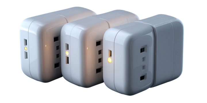 Multiple light gray power adapters or outlets in a stack