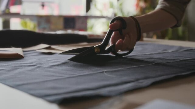 Close-up of hand of tailor carefully cutting black fabric with sharp scissors, with smooth precise movements, while working in couture fashion atelier. Ideal for atelier, tailoring business marketing 