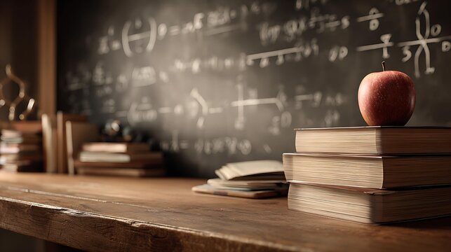 An apple sits atop a stack of books on a wooden desk, with mathematical equations written on a blackboard in the background.