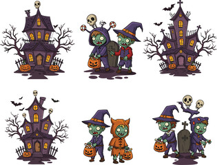 Halloween haunted house with spooky zombie kids trick-or-treating, pumpkins, bats, graveyard, and creepy trees in cartoon illustration.