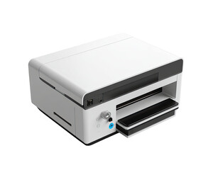White and gray multifunction printer, top-down view.  Compact design with various compartments and a flat top