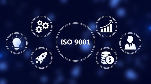 Iso 9001 certification concepts depicted with relevant business icons and symbols