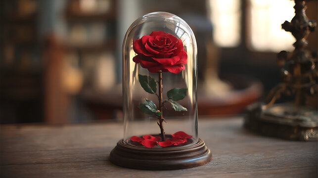 A red rose preserved inside a glass dome, symbolizing timeless beauty and eternal love.
