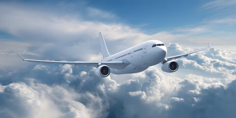 Commercial airplane flying through a cloudy sky during the day, showcasing the beauty of air travel and the vastness of the atmosphere.