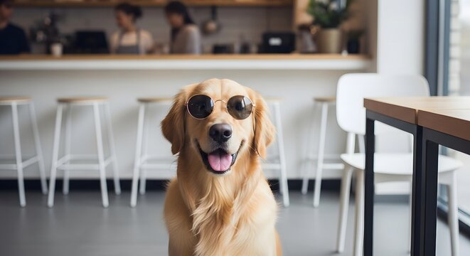 A happy golden retriever dog wearing sunglasses sits in a cafe, looking at the camera with its tongue out.