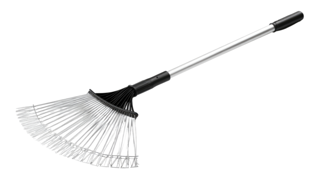 Metal-tined garden rake with long, light gray handle.  Black section on handle joint.  Fan-shaped tines