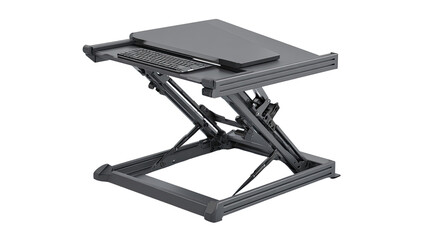 Adjustable, gray,  ergonomic standing desk riser.  Elevated workspace with keyboard and monitor.  X-shaped lift mechanism
