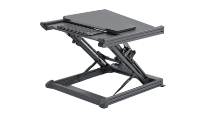 Adjustable, gray,  ergonomic standing desk riser.  Elevated workspace with keyboard and monitor.  X-shaped lift mechanism