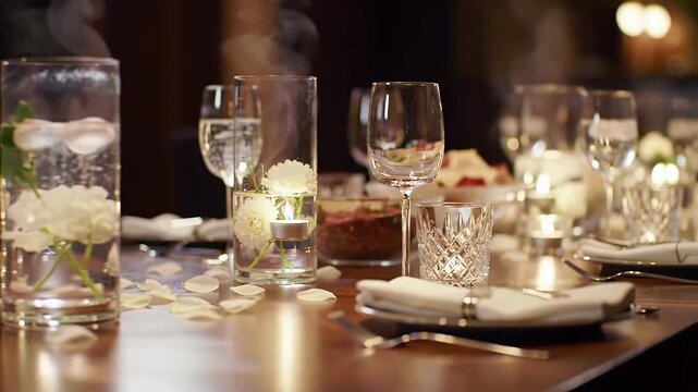 Elegantly Set Dining Table with Clear Glassware White Flowers Floating Candles and Scattered Petals Creating a Romantic Ambiance on a Polished Wooden Surface Perfect for Special Celebrations and