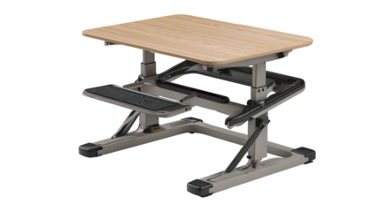 Adjustable height light-colored wooden tabletop desk with a gray metal frame and footrest