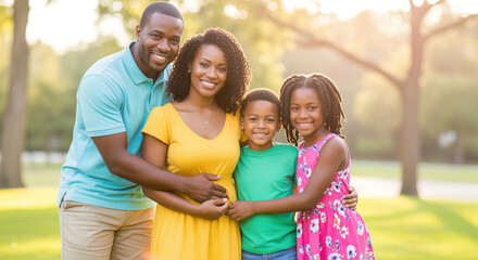 A joyful Black family of four, embracing and smiling brightly at the camera outdoors during a beautiful golden hour.