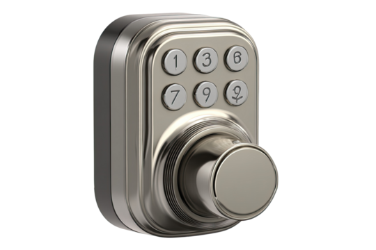 A modern, brushed nickel, digital door lock with a keypad and a round handle