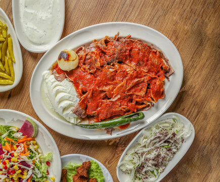 Meat doner menu, iskender menu on plate, turkish special meat doner, food, special menu