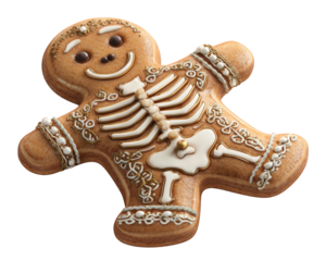 Gingerbread man skeleton cookie Halloween treat decorated with white icing festive smiling brown isolated on white playful autumn holiday dessert