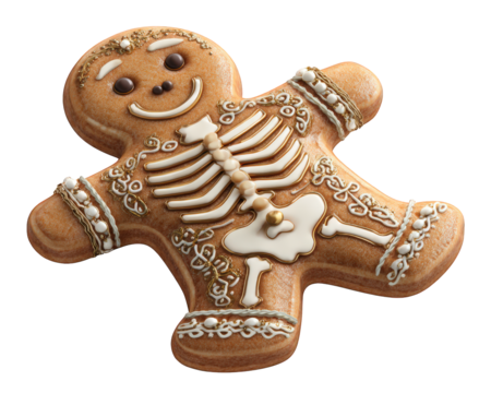 Gingerbread man skeleton cookie Halloween treat decorated with white icing festive smiling brown isolated on white playful autumn holiday dessert - Powered by Adobe