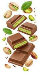 Chocolate bars filled with pistachio cream with pistachio nuts and green leaves, rich dessert snack perfect for gourmet food projects