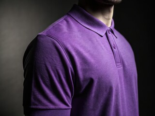 Obraz premium Purple t-shirt mockup. Stylish purple polo shirt on a model against a dark background.