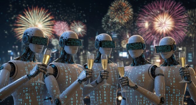 Against a backdrop of exploding fireworks and a blurred cityscape at night, the scene brilliantly symbolizes the intersection of technology, a new beginning, and human-like festivity. - Powered by Adobe