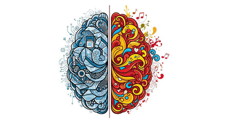 Dual Brain Illustration with Cool Blue and Warm Red on Transparent Background