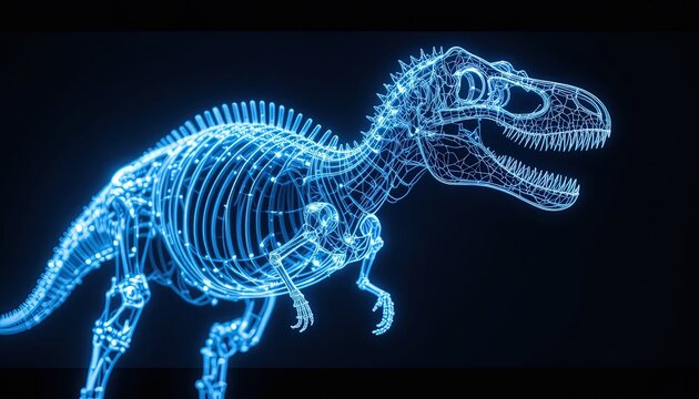 A digital rendering showcases a glowing, transparent Tyrannosaurus Rex skeleton, emphasizing the intricate bone structure with vibrant light-blue hues against a stark black backdrop.