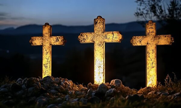 Three illuminated crosses at dusk