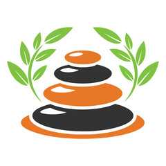 Stacked smooth stones with green leaves on white background balance 1