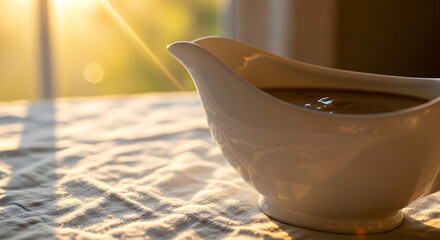 A white gravy boat filled with dark gravy sitting on a patterned tablecloth in bright sunlight ai generated