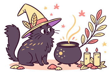 Autumn Witch Black Cat with Cauldron and Candles Vector Illustration