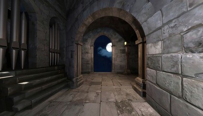 Fototapeta premium Mysterious stone archway leading to a moonlit night, evoking historical and gothic vibes