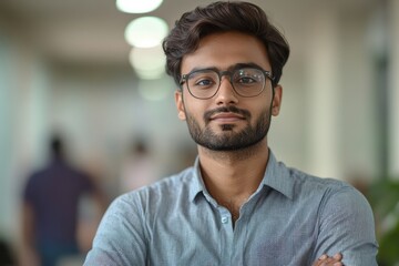 Obraz premium Portrait of young successful Indian man inside office, smiling and looking at the camera with crossed arms, showcasing satisfaction with his career achievements and professional, Generative AI