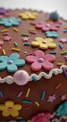 Close-up shot of a beautifully decorated cake with colorful flower decorations and sprinkles