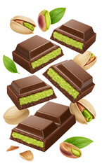 Chocolate bars with pistachio filling and pistachio nuts with green leaves, delicious dessert concept