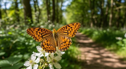 Obraz premium Orange butterfly with black spots on white flowers in a forest path amidst greenery, dappled sunlight. Serene nature scene. AI Generated