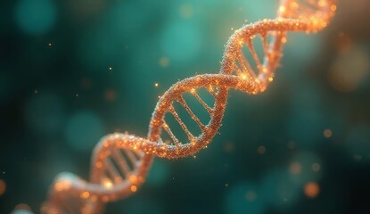 Artistic 3D visualization of golden glowing DNA double helix on turquoise background with bokeh light. Perfect for science, genetics, biotech, medical and research use