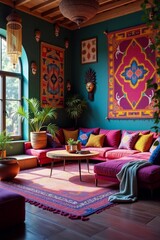 Vibrant bohemian living room with patterned textiles