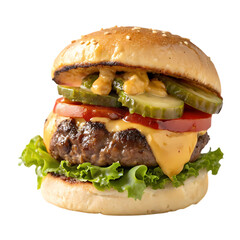 Juicy Cheeseburger: Gourmet Burger with Pickles, Lettuce, and Tomato