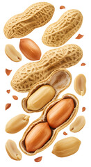 Close-up of shelled and unshelled peanuts isolated on white background, healthy snack ingredient perfect for cooking and baking
