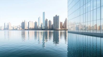 Naklejka premium City skyline reflected in calm water.