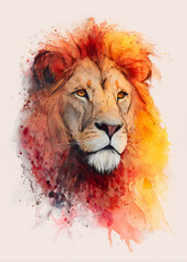 Lion head on a light background, watercolor painting