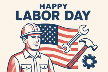Retro riso style vintage illustration of worker with American flag wrench hammer and gear for Labor Day holiday
